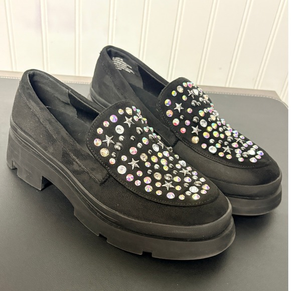 Steve Madden Shoes - Steve Madden JLOOSY Black Rhinestone Star Studded Platform Lug Sole Loafers 4M
